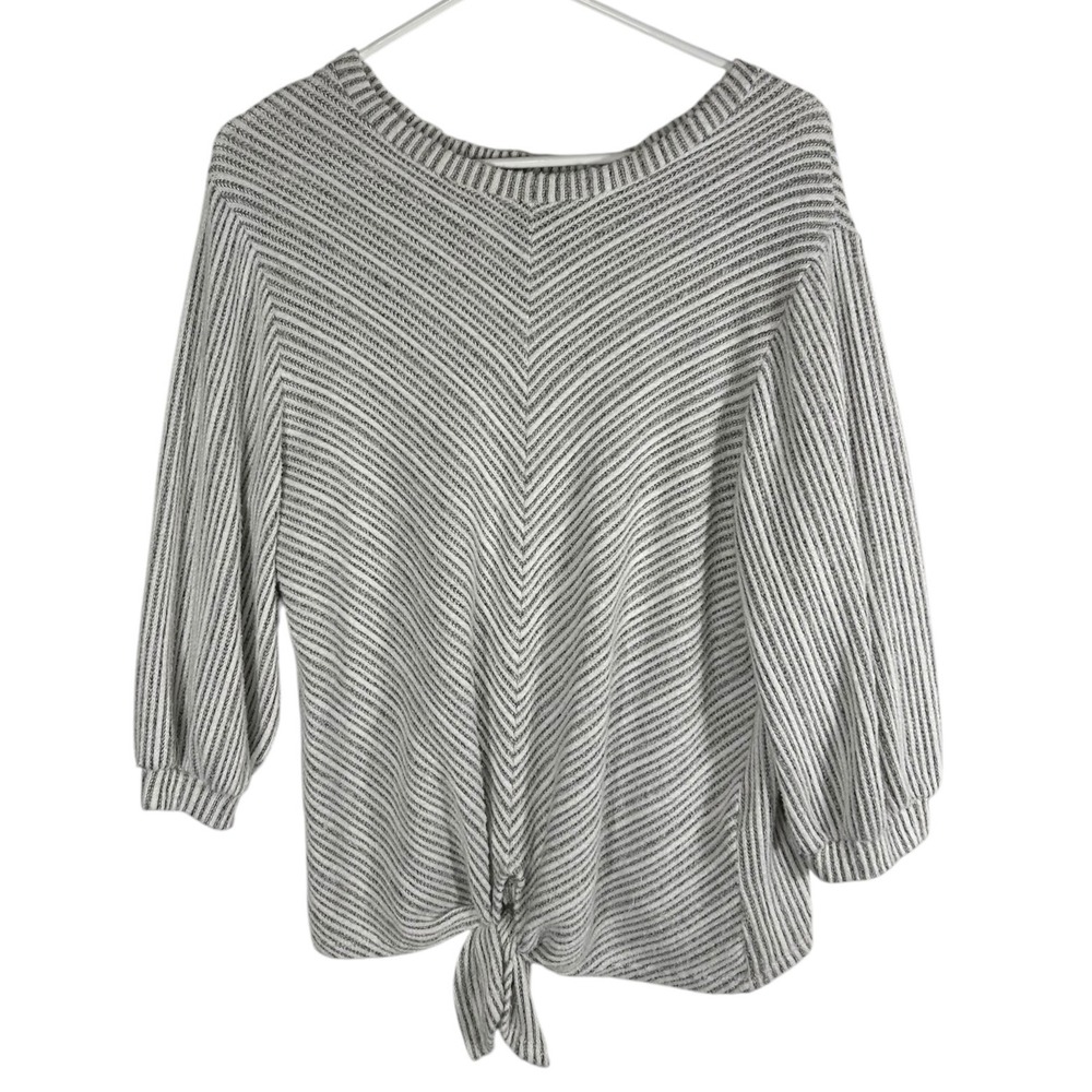W5 Womens Chevron Striped Knit Top XL Grey White Tie Front 3/4 Sleeve 23447AKU